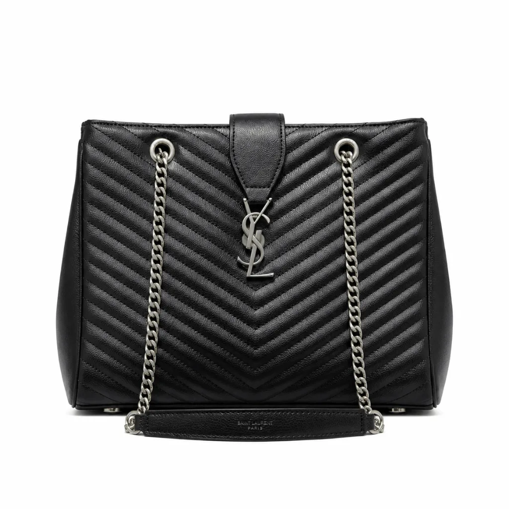 Saint Laurent Black Grain De Poudre Matelasse Chevron Monogram Shopping Bag Silver Hardware Main image