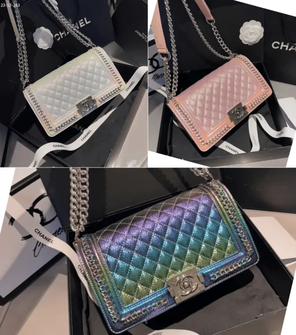 Chanel Old Medium Boy Chain Around Flap Bag Rainbow Silver Hardware
