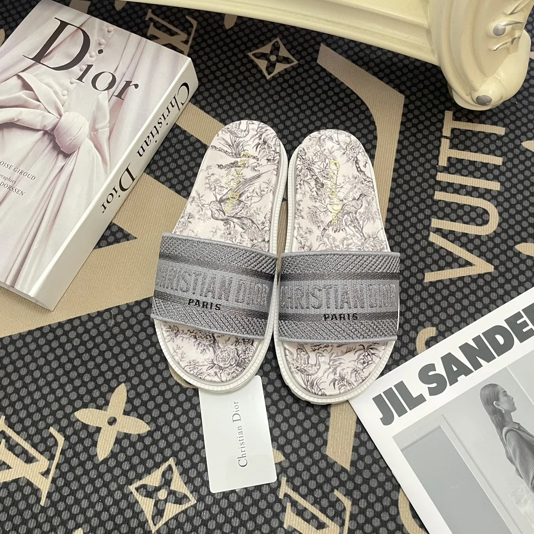 Dior Dway Toile De Jouy Embroidered Cotton Slide Sandals Gray Secondary image