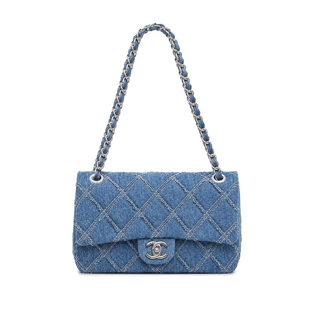 Chanel Blue Quilted Frayed Denim Medium Single Flap Bag 25cm Main image
