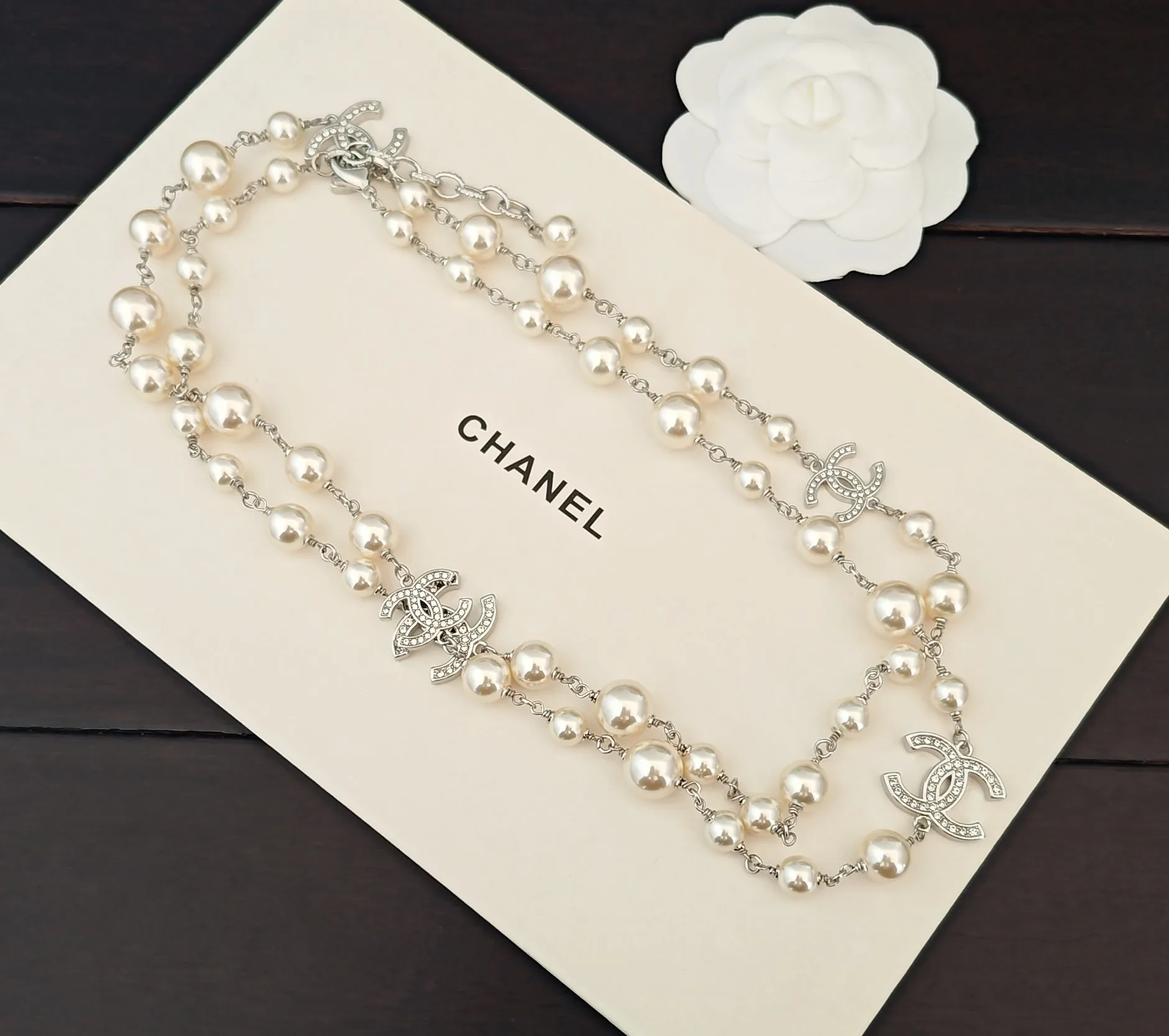 Chanel Crystal CC And Graduated Pearl Sautoir Necklace – Silver-Tone