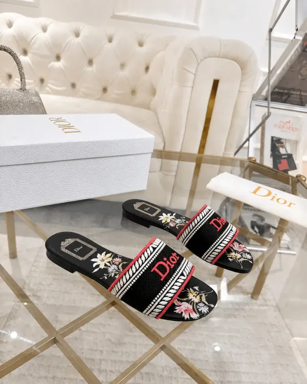 Dior Dway Slide Embroidered Canvas Black Floral Motif