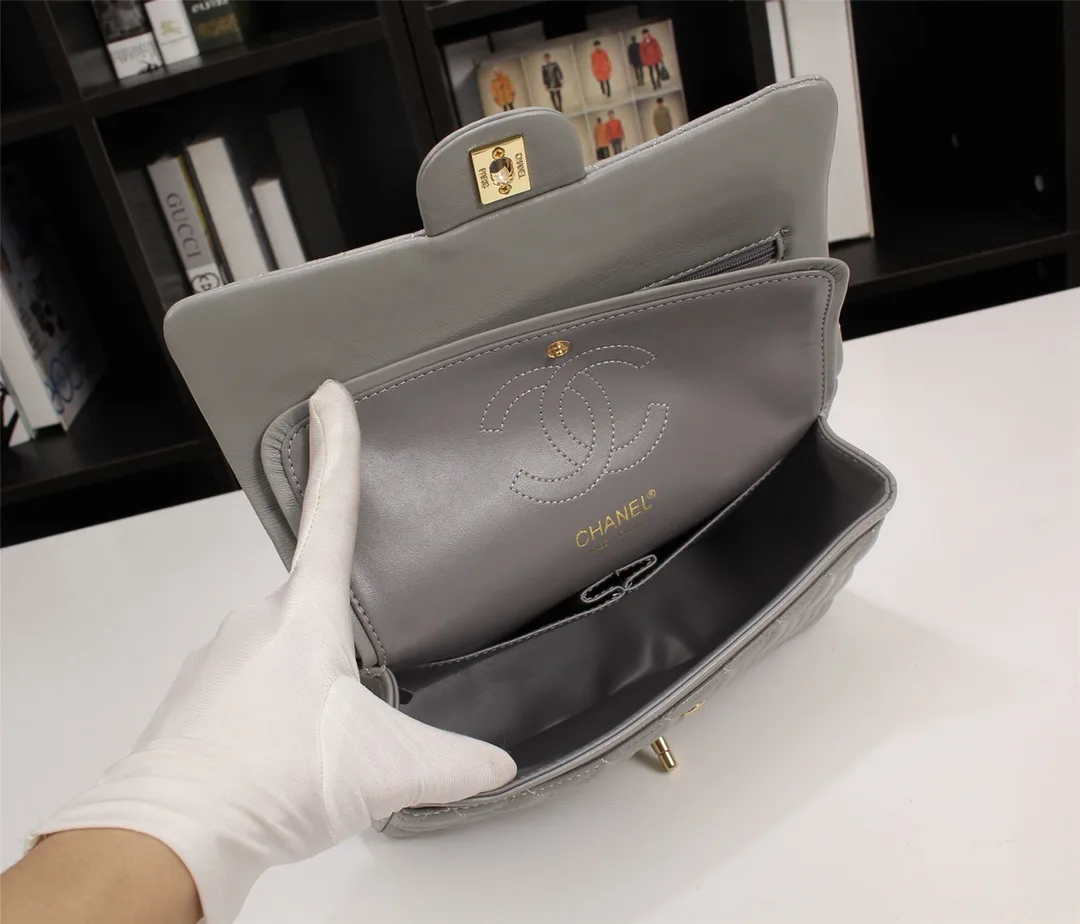 Chanel Classic Lambskin Flap Gray Gold Hardware 25Cm