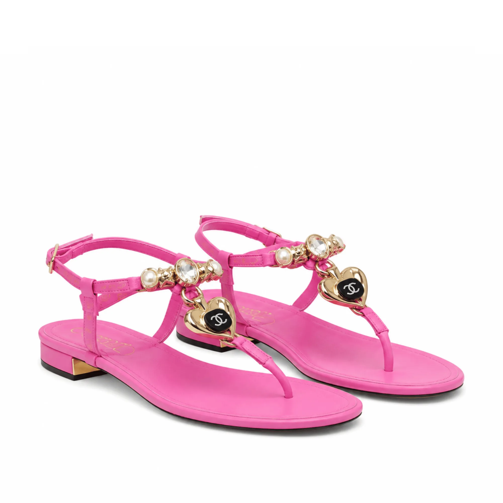 Chanel Shiny Lambskin Pearl Crystal CC Heart Thong Sandals Pink Main image
