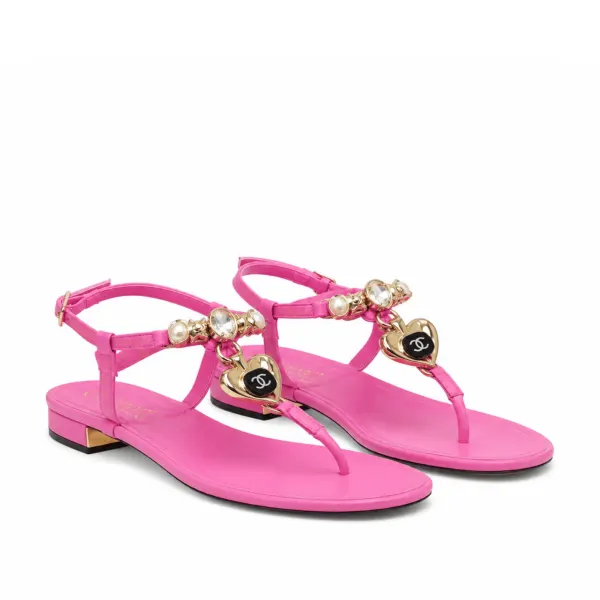 Chanel Shiny Lambskin Pearl Crystal CC Heart Thong Sandals Pink