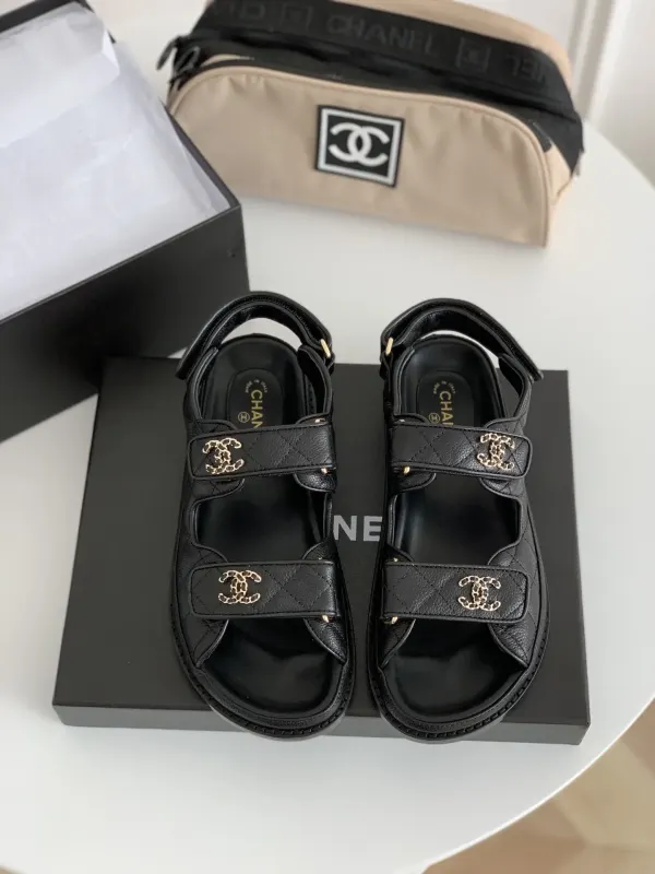 Chanel Cc Button Velcro Black Sandals Grained Calfskin Leather