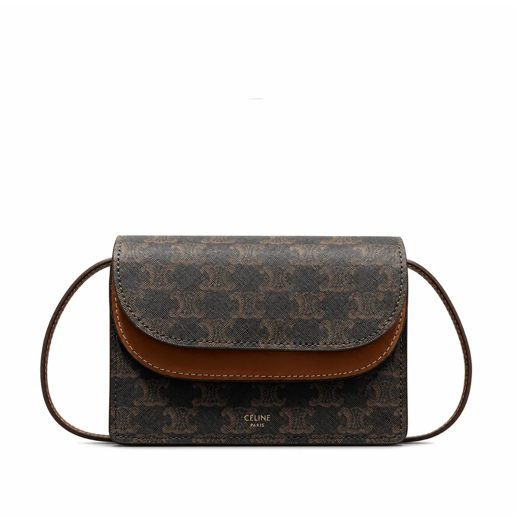 Celine Wallet On Strap In Triomphe Canvas And Smooth Lambskin Tan 20Cm Main image