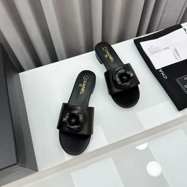 Chanel Camellia Leather Slides Black