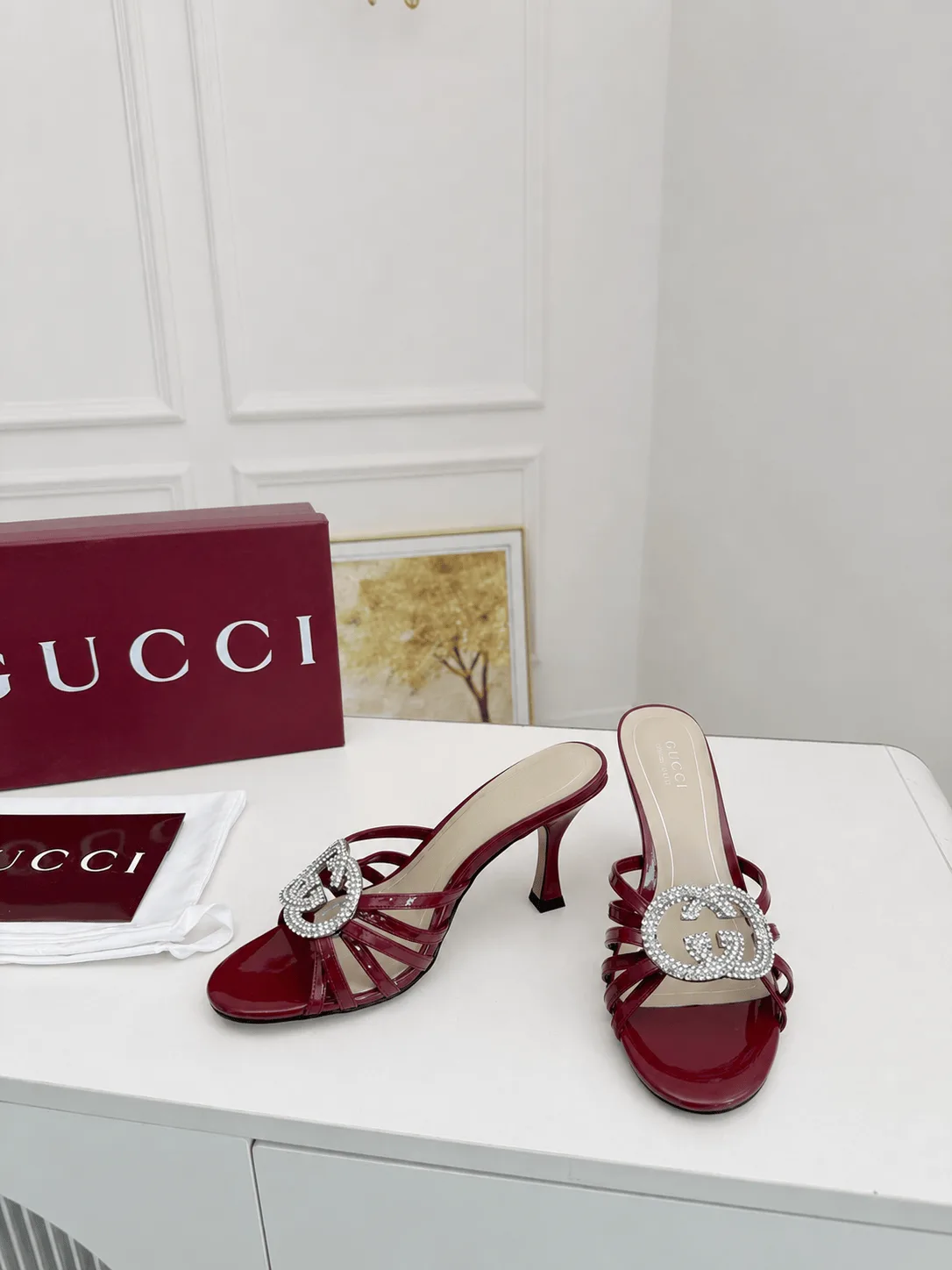 Gucci Interlocking G 85 Crystal Patent Leather Sandals Burgundy