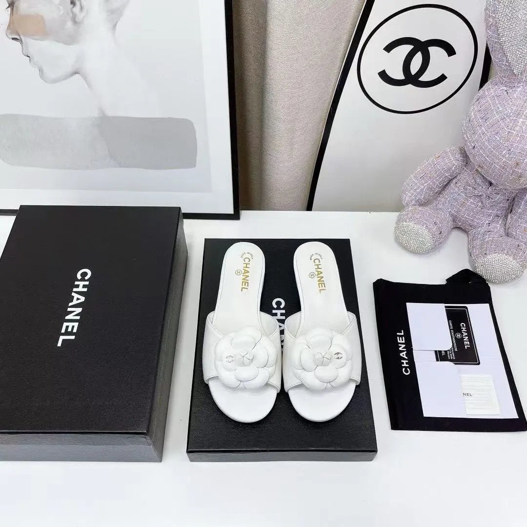 Chanel Camellia Slides White