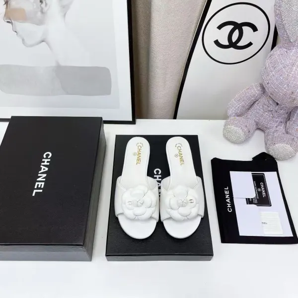Chanel Camellia Slides White
