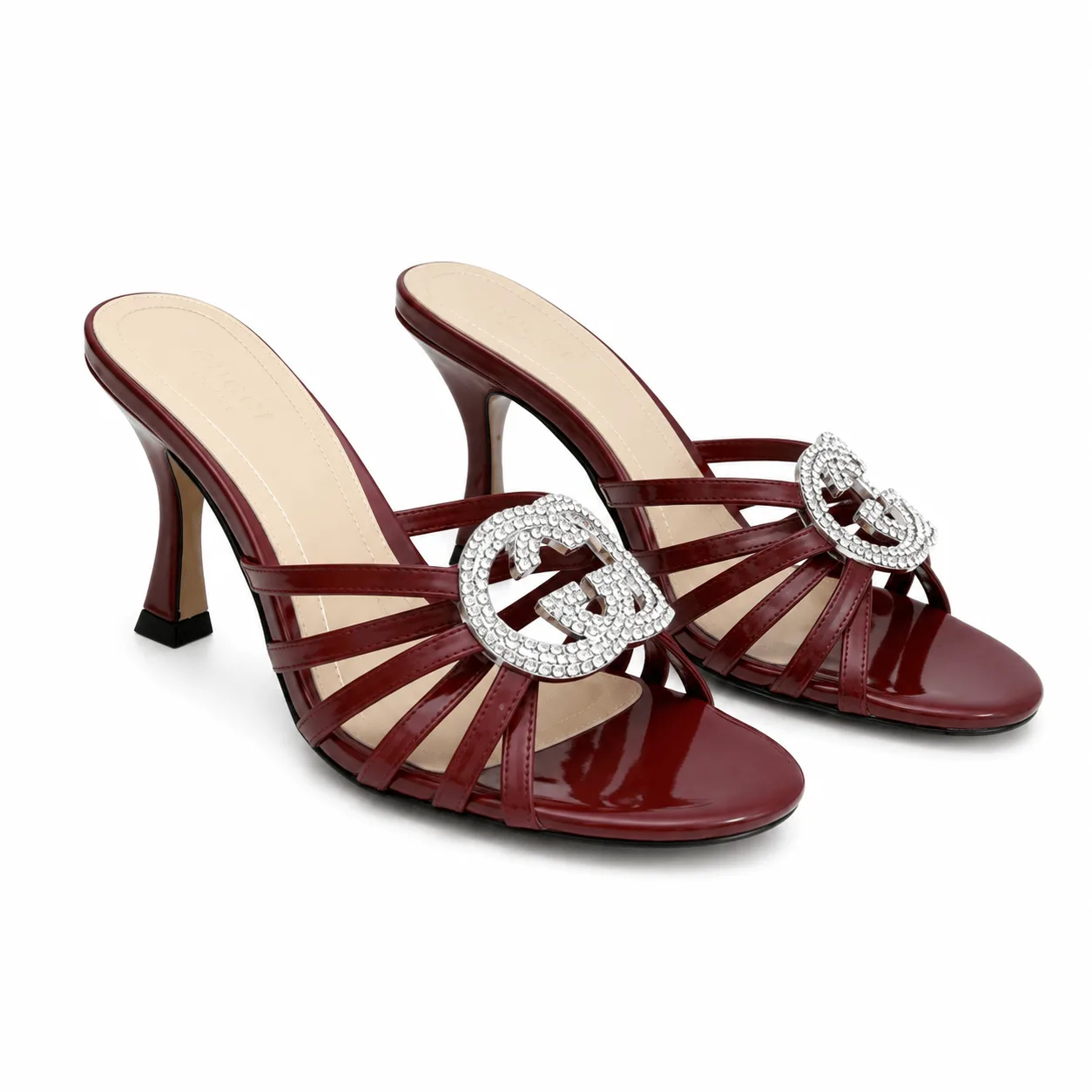 Gucci Interlocking G 85 Crystal Patent Leather Sandals Burgundy Main image