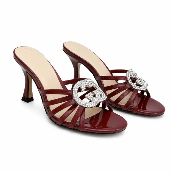 Gucci Interlocking G 85 Crystal Patent Leather Sandals Burgundy