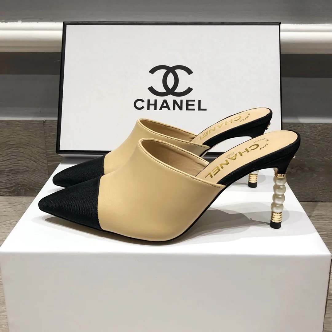 Chanel Beige Lambskin Leather Cap Toe Pearl Heel Mules