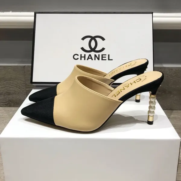 Chanel Beige Lambskin Leather Cap Toe Pearl Heel Mules