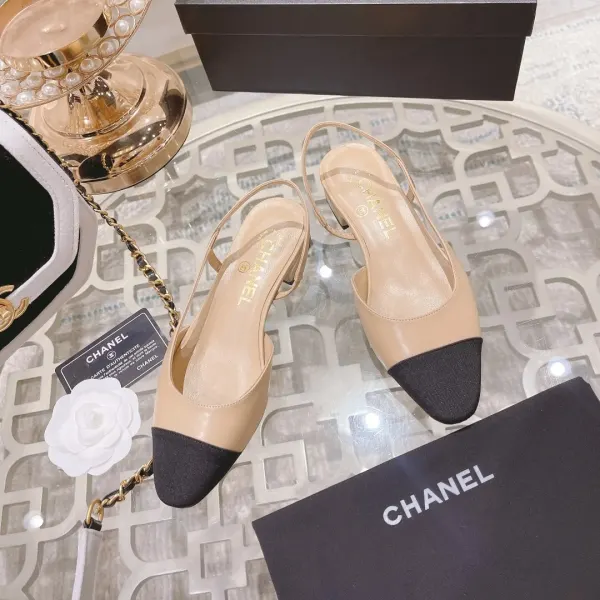 Chanel Lambskin Grosgrain Cap Toe Cc Slingback Flats Beige