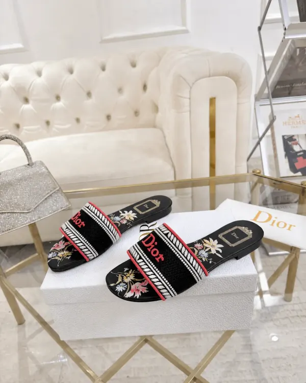 Dior Dway Slide Embroidered Canvas Black Floral Motif