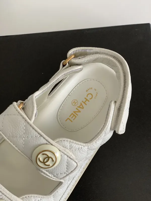 Chanel Cc Button Velcro White Sandals Grained Calfskin Leather