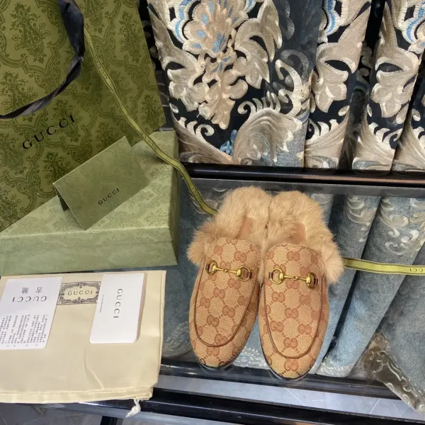 Gucci Princetown Lamb Fur Slippers Rust Natural