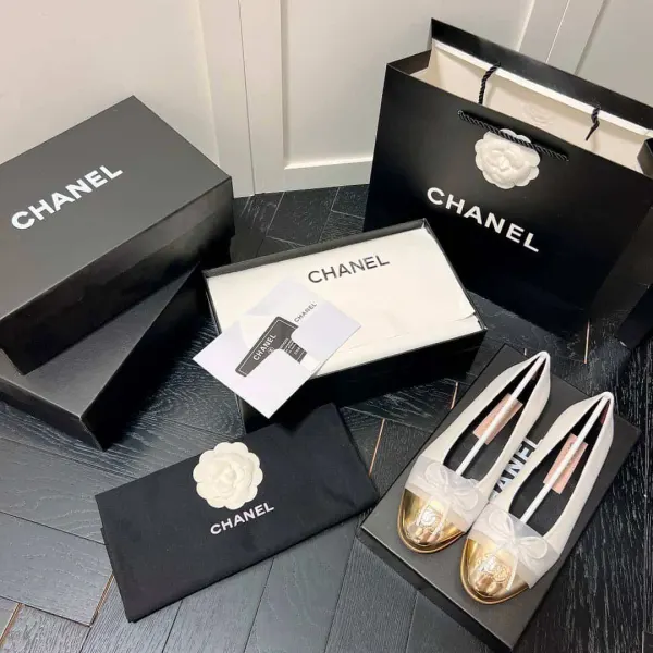 Chanel Leather Cap Toe Ballet Flats White Gold