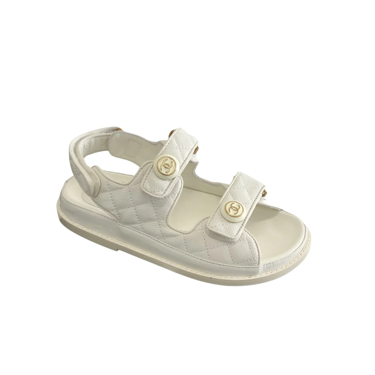 Chanel Cc Button Velcro White Sandals Grained Calfskin Leather Main image