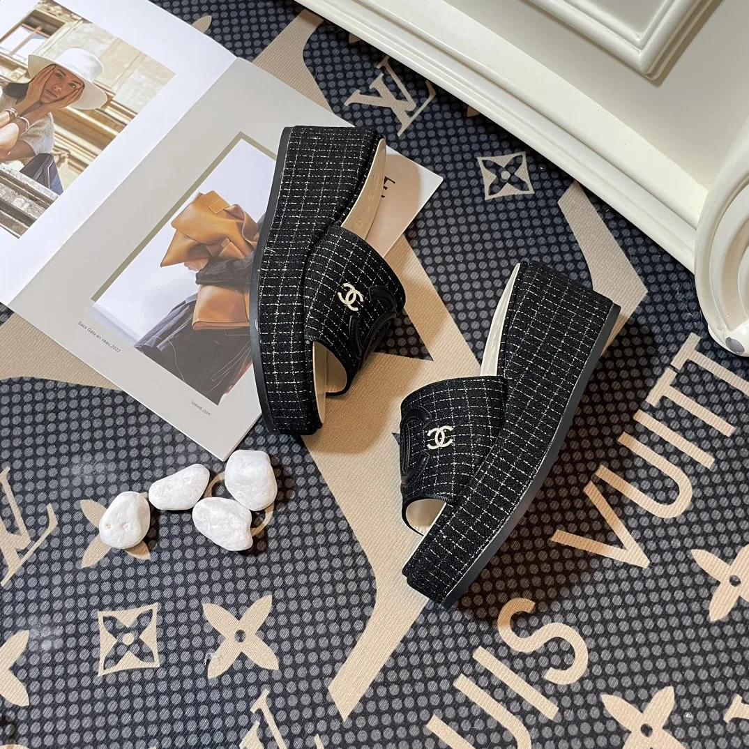 Chanel Tweed Cc Platform Slide Sandals Black