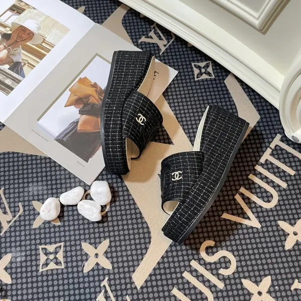 Chanel Tweed Cc Platform Slide Sandals Black