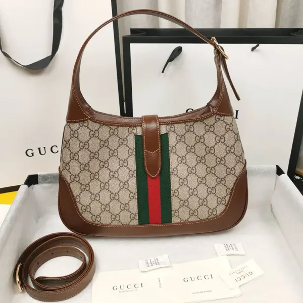 Gucci Jackie 1961 Small Shoulder Bag Beige GG Canvas Brown Leather Gold