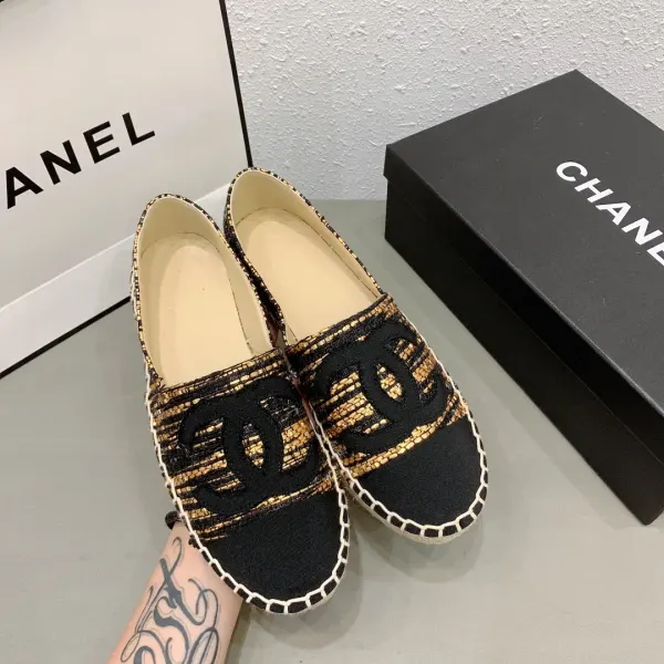 Chanel Metallic Tweed Grosgrain Cc Espadrilles Slip On Gold Black