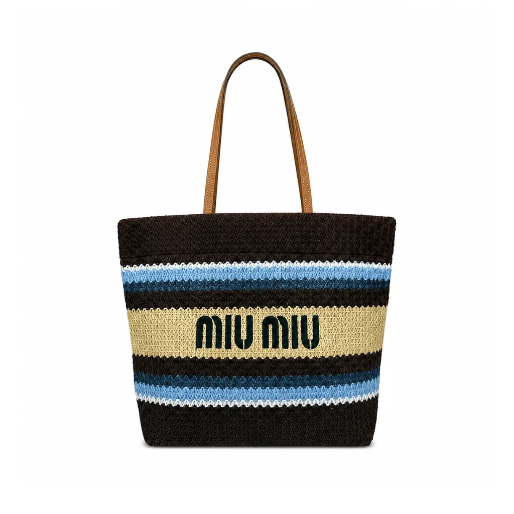 Miu Miu Raffia Effect Crochet Large Woven Tote Cocoa Brown Celeste Natural Main image