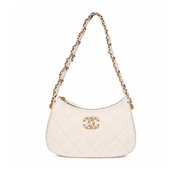 Chanel 19 Hobo Bag White Aged Calfskin Brushed Gold Hardware