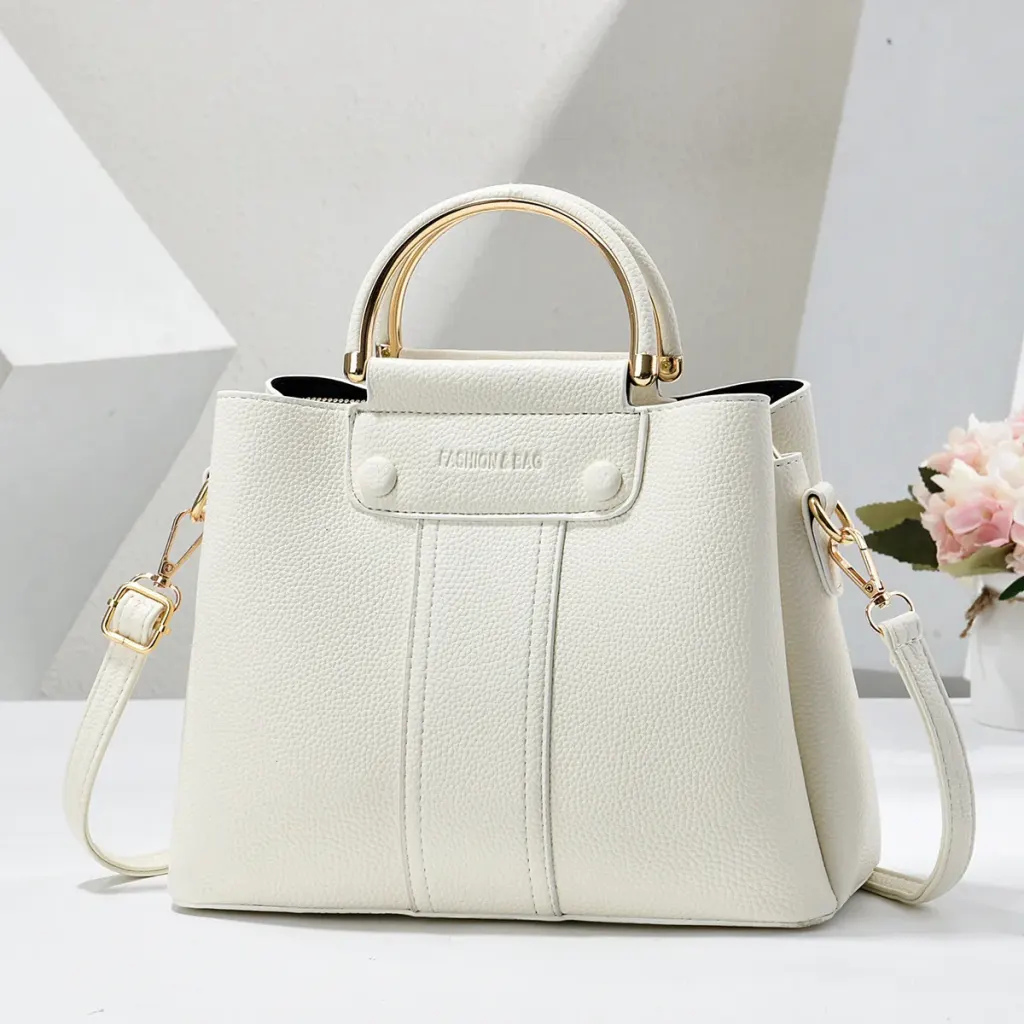 Solid Color Square PU Leather Tote Bag With Sewing Thread Detail, Top Handle Bucket Bag For Spring And Summer