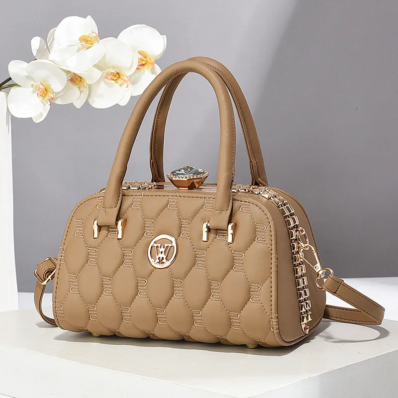 Square Boston Bag For Women In PU Material Featuring Embroidery With Single Shoulder Strap