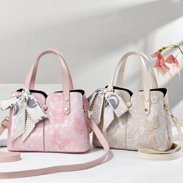 Butterfly Square PU Leather Tote Bag With Sewing Thread Detail, Top Handle Design For Spring And Summer