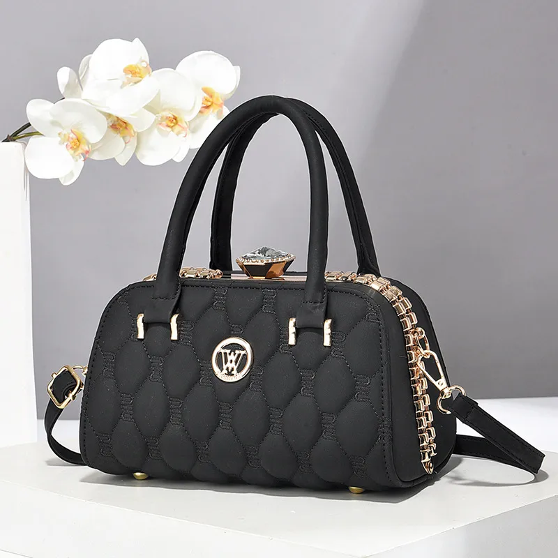 Square Boston Bag For Women In PU Material Featuring Embroidery With Single Shoulder Strap