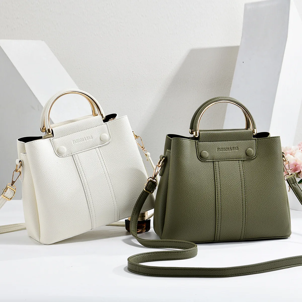 Solid Color Square PU Leather Tote Bag With Sewing Thread Detail, Top Handle Bucket Bag For Spring And Summer