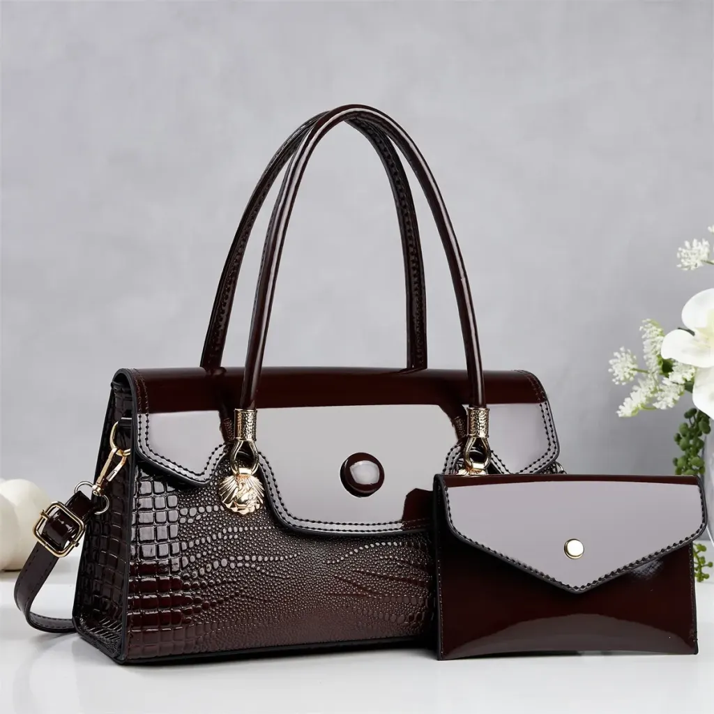 Women’s Crocodile Pattern Square Shoulder Bag In PU Leather With Sewing Thread Detail And Single Shoulder Strap